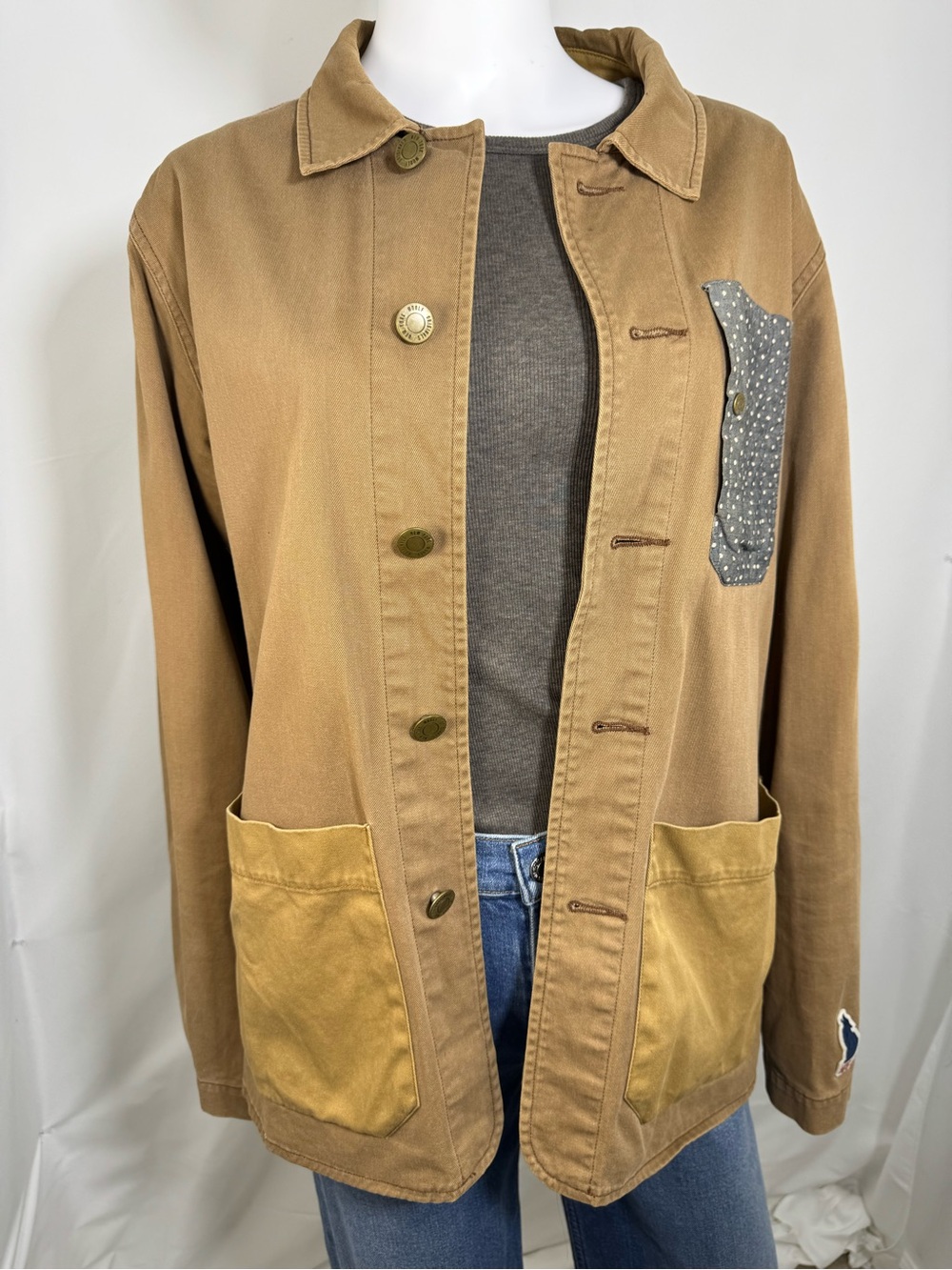 Woolf Originals NY Tan Canvas Chore Coat Mixed Pattern Patchwork Large